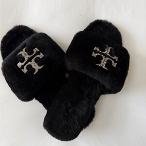 Tory Burch Black Furry Slippers with silver & rhinestones
